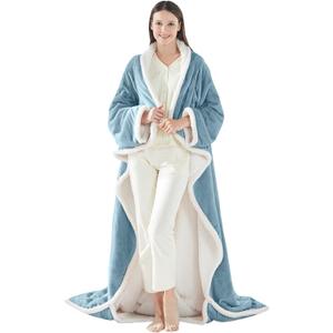 Sealy Electric Blanket Wearable with Foot Pocket, Electric Snuggle Blanket with Sleeves, Flannel & Sherpa Heating Throw with 6 Heat Settings & 2-10 Hours Auto Shut Off, 50 * 70"+18", Light Blue