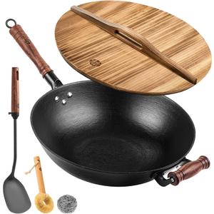 WANGYUANJI 12.6 Inch Iron Wok with Wooden Lid and Spatula, Flat Bottom Chemical-Free Uncoated Stir Fry Pan for Induction, Gas and Electric Stoves (CS turner-A)