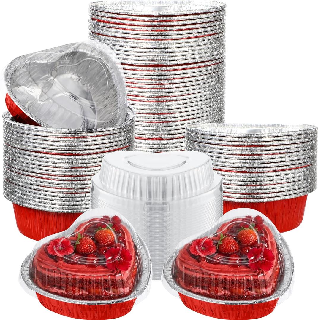 Honeydak 50 Pcs Heart Shaped Cake Pans for Baking with Lids 3.4 oz / 100ML Valentine's Aluminum Foil Cupcake Cups Mini Heart Cake Liners Disposable Baking Tins for Wedding Anniversary Dessert