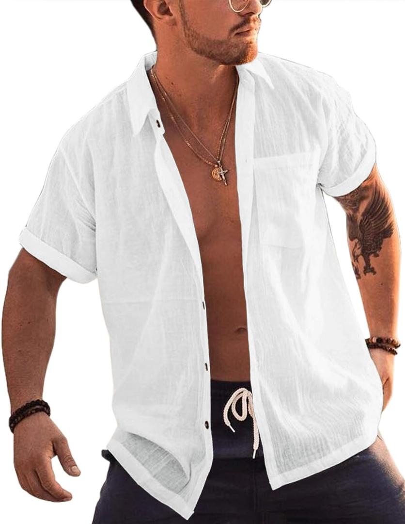 Bbalizko Mens Short Sleeve Button Up Shirts Linen Cotton Beach Tops Spread Collar Plain Summer T Shirt with Pocket (Medium)