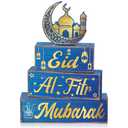 Yousoontic 4 Pcs Eid Mubarak Wooden Table Decor, Ramadan Mubarak Tiered Blocks Islamic Muslim Tabletop Decorations, Moon and Lantern Design, Blue and Gold Eid Table Centerpiece for Home Office