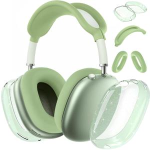 for AirPods Max case Cover,Anti-Scratch Ear Pad Case Cover/Ear Cups Cover/Headband Cover for AirPods Max. Clear Soft TPU and Silicone,Skin Scratch Proof. (3 in 1 Silicone & TPU, 3PC Glitter Matcha Green)