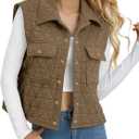 Womens Puffer Vest Quilted Collared Sleeveless Jacket Button Down Outerwear with Pockets (Medium, Khaki)