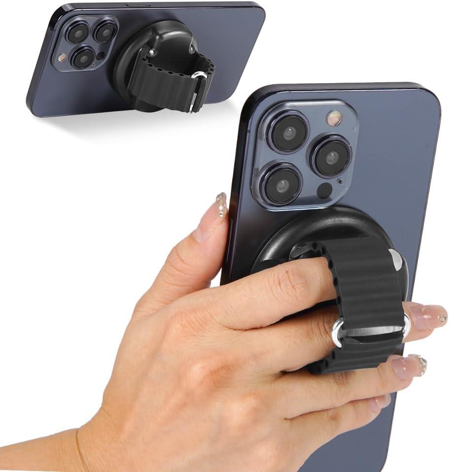 2 x Magnetic Bar Mount, Compatible with Magnetic Phone Holder for Gym, Home Fitness Bikes, Workout Equipment, Stroller and Cart Handlebars Comfortable Finger Phone Ring Grip for iPhone 16/15/14/13,Black