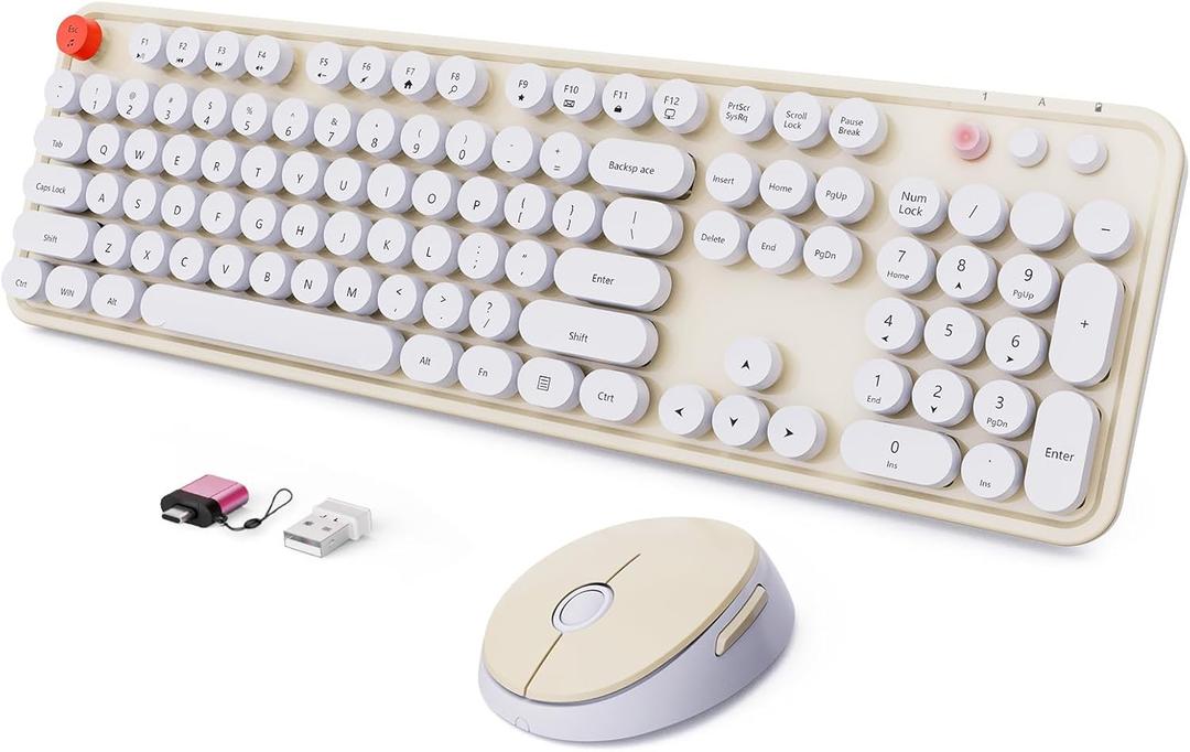 Wireless Keyboard and Mouse Combo, Ergonomic Full Size Typewriter Retro Round Keycaps Keyboard, Compatible with Windows, PC, Perfer for Home and Office Keyboards (Beige (Creamy white)