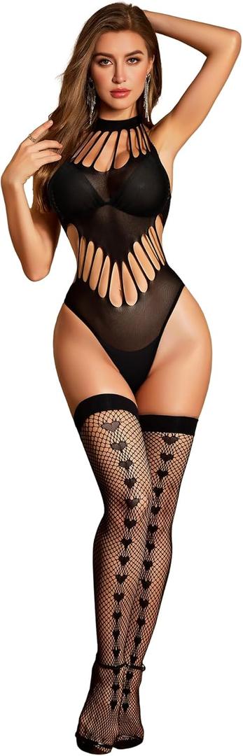 RSLOVE Women Fishnet Bodystocking Sexy - Lingerie Sets with Thigh High Stockings Fishnet Lace Bodysuit Rave Outfits Club (Black), One Size 