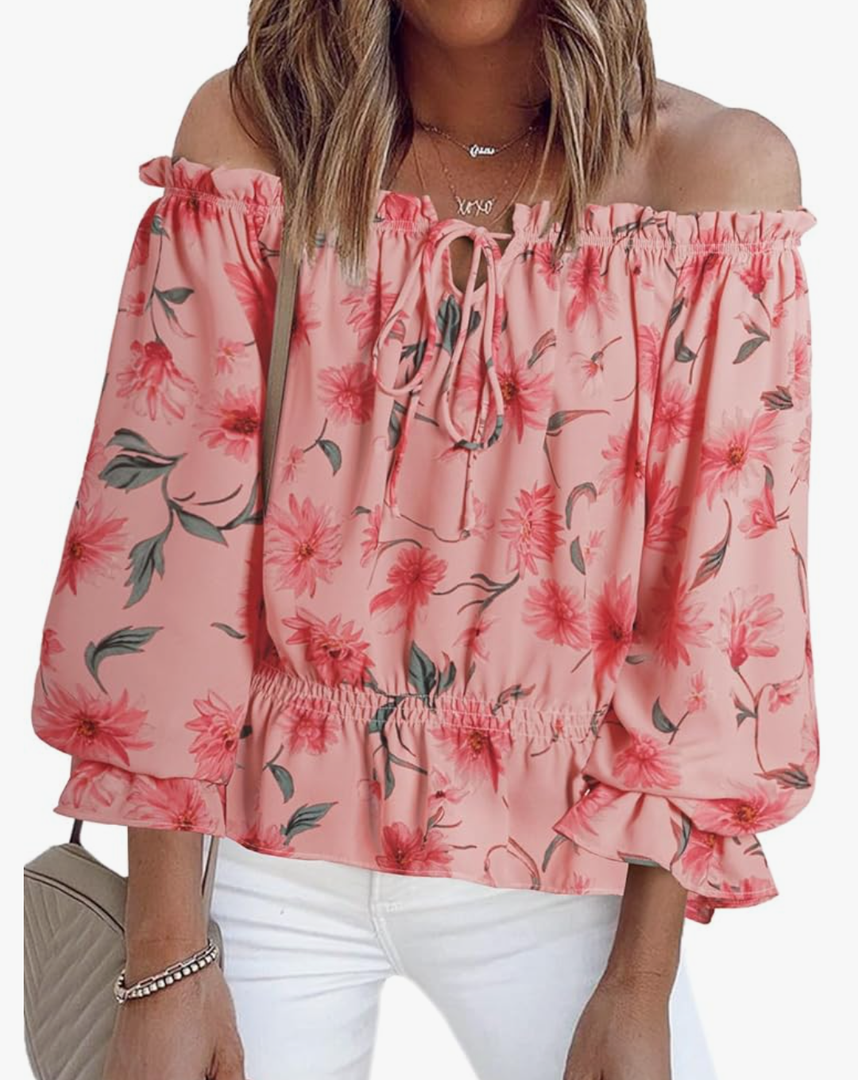 BLENCOT Summer Sexy Off Shoulder Tops for Women Boho Ruffle Sleeve Floral Chiffon Shirts Blouses, No Size