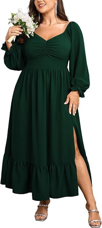 Womens Plus Size Wedding Guest Cocktail Dress Sweetheart Neckline Long Sleeve Smocked Ruffle Slit Maxi Dresses, Size 1XL