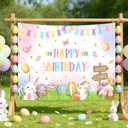 AIBIIN 7x5ft Happy Birthday Backdrop Photography Spring Happy Easter Birthday Background for Boys Girls Easter Colorful Eggs Rabbits Decorations Banner Photo Props