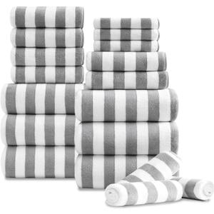 Oliven 18 Pcs Light Gray Cabana Stripe Family Towels Set-6 Bath Sheets,6 Hand Towels,6 Washcloths Soft Jumbo Bathroom Towels Absorbent Shower Towel Quick Dry Beach Chair Towel Spa Gym Hotel Towel Set