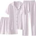 Womens Gingham Pajama Sets 3 Piece Cotton Short Sleeve Button Down Shirts and Pants Lounge Set Pjs Sleepwear (Purple, S)