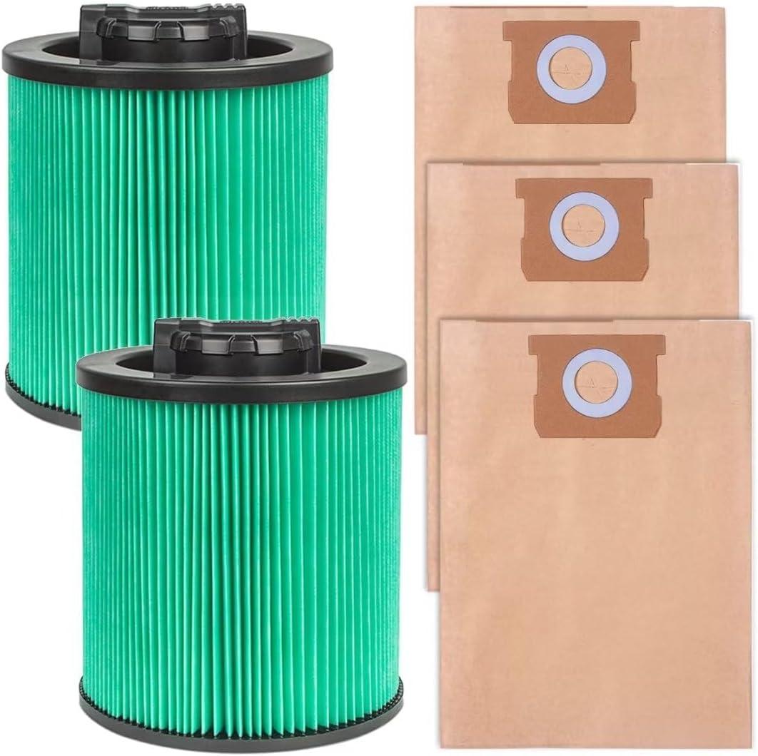 2 Pack DXVC6914 Premium HEPA Cartridge Vaccum Filter Compatible with DEWALT 9-16 Gallon Wet/Dry Vacuum, with 3 Pack DXVA19-4101 High Efficiency Replacement Filter Bags for DEWALT