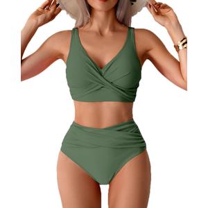 Fanuerg Women High Waisted Bikini Sets V Neck Cross Twist Front Two Piece Swimsuit Tummy Control Bathing Suit (Green, XXL)