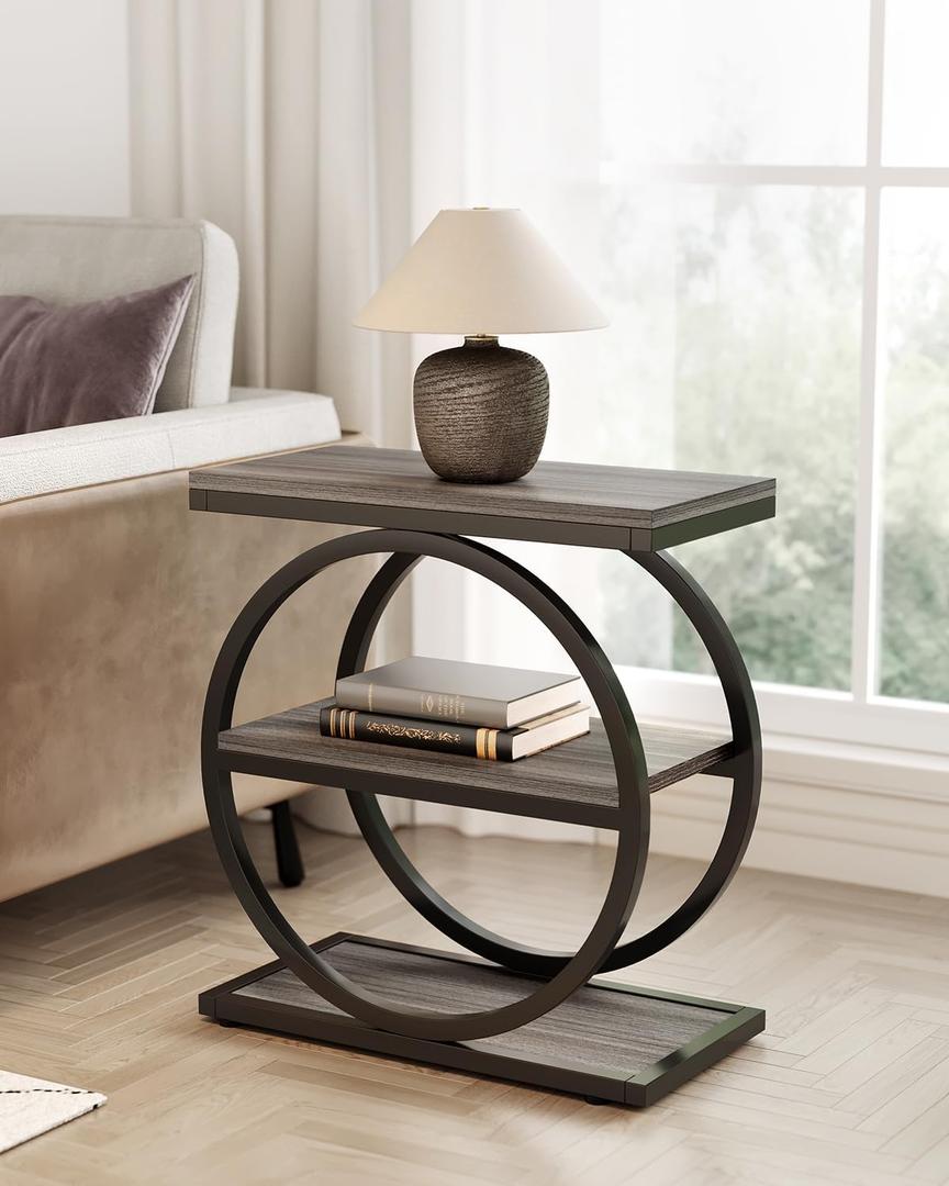 LITTLE TREE End Table, 3-Tier Side Table, Slim Sofa Side Table for Living Room, Tall Bedside Table Nightstand for Bedroom, Grey and Black 