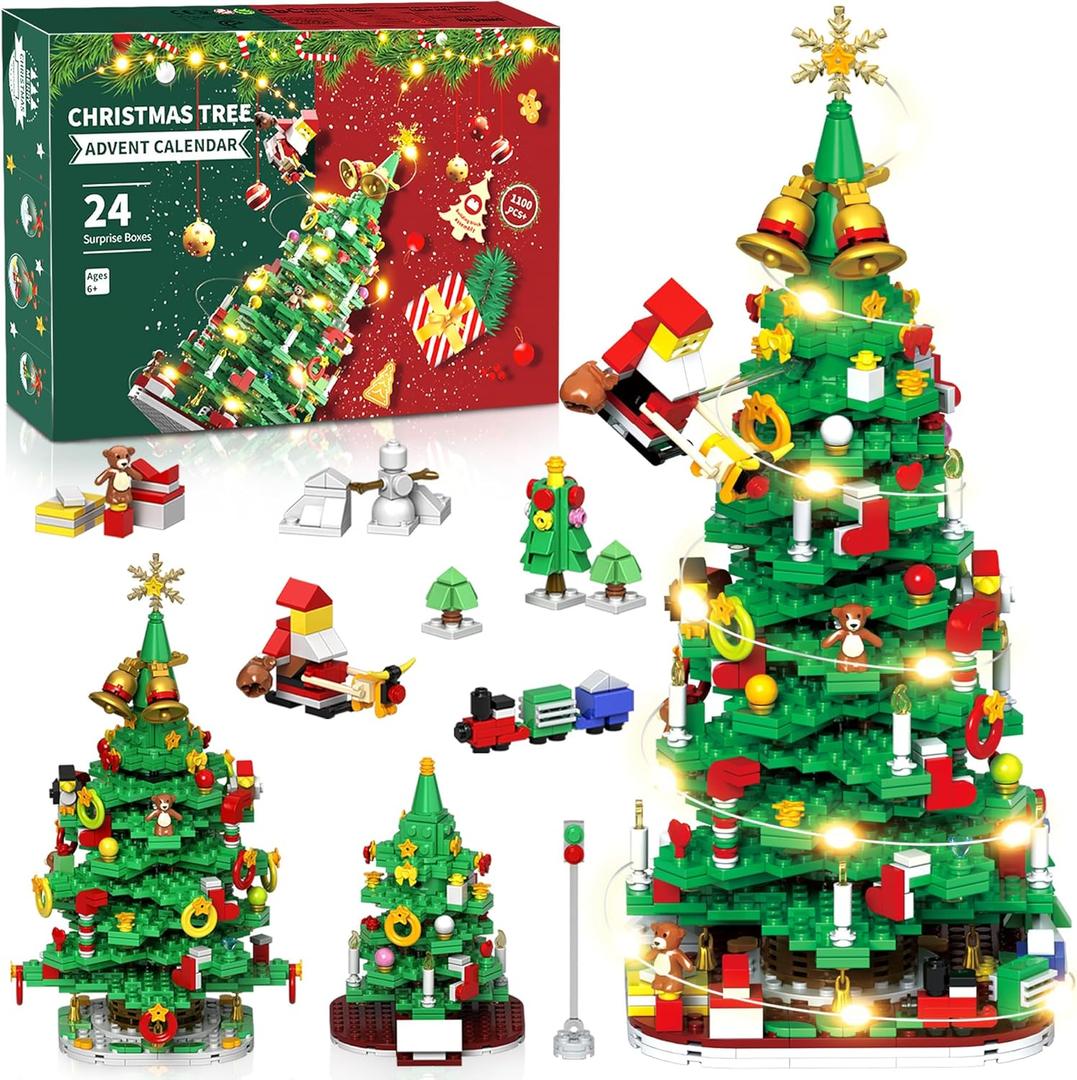 Advent Calendar 2025 Adult kids teen Boys Girls women men, Teenager boys girls LED Christmas Tree Building Set advent calendar 2025 for kids teens boys ,24 Boxes 1100+ Pcs Christmas advent Calendars Building Blocks,kid teen adults advent calendars 2025