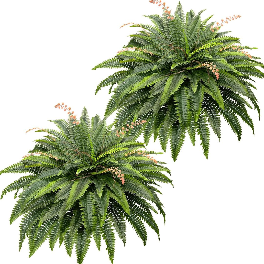 CQURE 128 Branches Fake Ferns Artificial Plants Large, 48" Set of 2 Artificial Boston Ferns Faux Hanging Fake Plants for Outdoors Planter Home Garden Decor