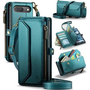 Crossbody Wallet Case Compatible with Google Pixel 9/9 Pro RFID Blocking 10-Card Holder Soft PU Leather Magnetic Snap Shoulder Strap Zipper Phone Case Fit for Pixel 9/Pixel 9 Pro, Bluegreen