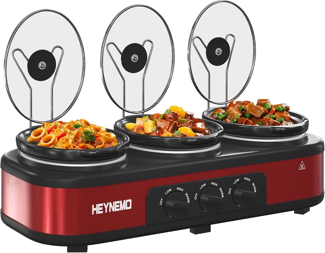 Triple Slow Cooker, 3 x 1.5 QT Portable Small Dual Crock Cooker, Buffet Servers and Warmers Dishwasher Safe, Removable Ceramic Pot Glass Lid, Stainless Steel, Red, 4.5 Quarts