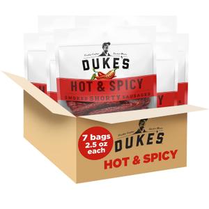 Duke's Pork Hot & Spicy Smoked Shorty Sausages, 7g Protein Per Serving, 2.5 oz. Snack Bags (Pack of 7)