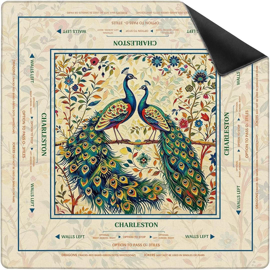 Vintage Floral Peacock Mahjong Mat 31.5 x 31.5 Inch, Traditional Indian Peacock Non-Slip Mahjong Table Cloth for American Mah Jong, Poker, Card Games and Dominoes