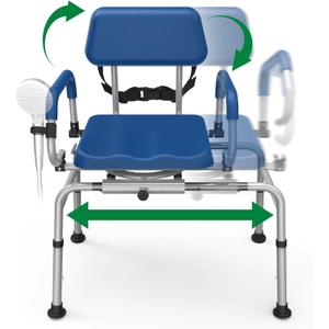 FSA/HSA Eligible Sliding Shower Chair Tub Transfer Bench for Bathtub with Swivel Seat, Padded Shower Bench with Pivoting Arms, Height Adjustable Shower Seat, 350 lbs, Blue, Standard