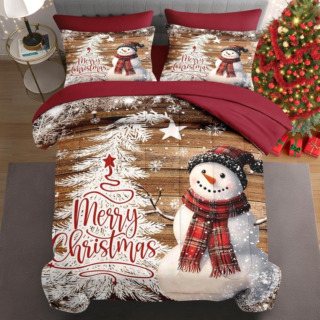 7 Pcs Queen Size Christmas Comforter Set with 2 Pillowcases & 2 Shams, Happy Snowman Bedding for Kids and Adults, White Xmas Tree Bed in a Bag with Flat Fitted Sheet