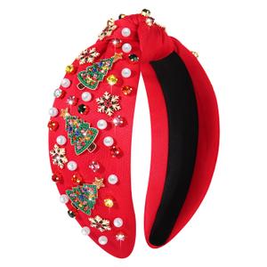 boderier Christmas Headbands for Women Beaded Christmas Tree Headband Crystal Wide Knotted Headband Xmas Holiday Party Hair Accessories Gifts (Red-Beaded Tree)