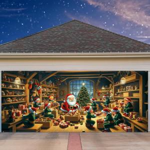 7 x 16 ft Christmas Garage Door Cover Banner Christmas Garage Door Decorations African American Large Holiday Decorations Banner for Xmas Winter party(Santas Workshop)