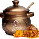 Ceramic Honey Pot, Honey Container with Dipper, Metallic Neutral Color Honey Jar, Honey Dispenser, Ceramic Pot, Stylish Honey Storage for Rustic, Modern, Home and Farmhouse Kitchen Decor