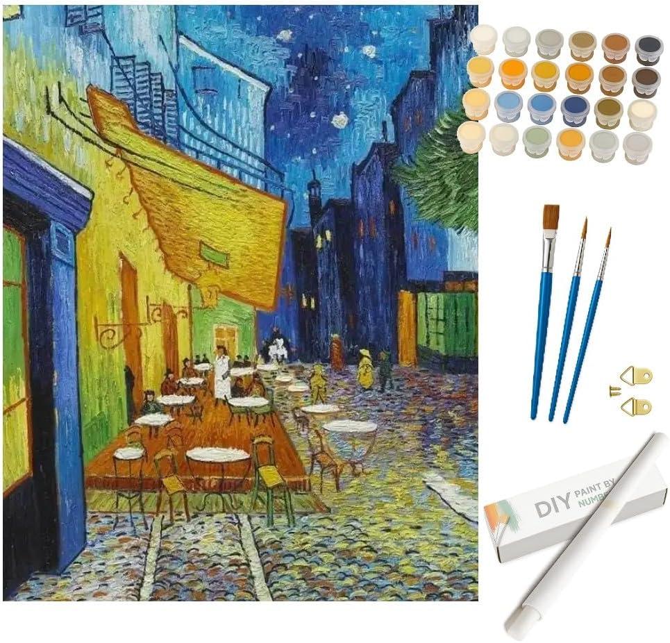 Scenic Paint by Numbers Kit for Adults - DIY Caf Terrace at Night Painting on Rolled Canvas 16x20 Inch, Acrylic Paint Set, Suitable for Beginners, Night View Art for Home Decoration or Gifts