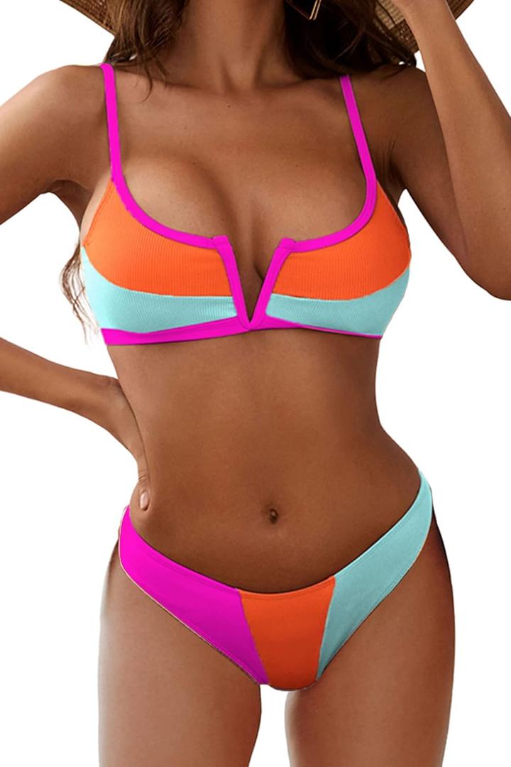 ZAFUL Women's High Cut Bikini Sets Ribbed V-Wire Cami Bikini Two Piece Swimsuit (Medium, 2-light Blue)