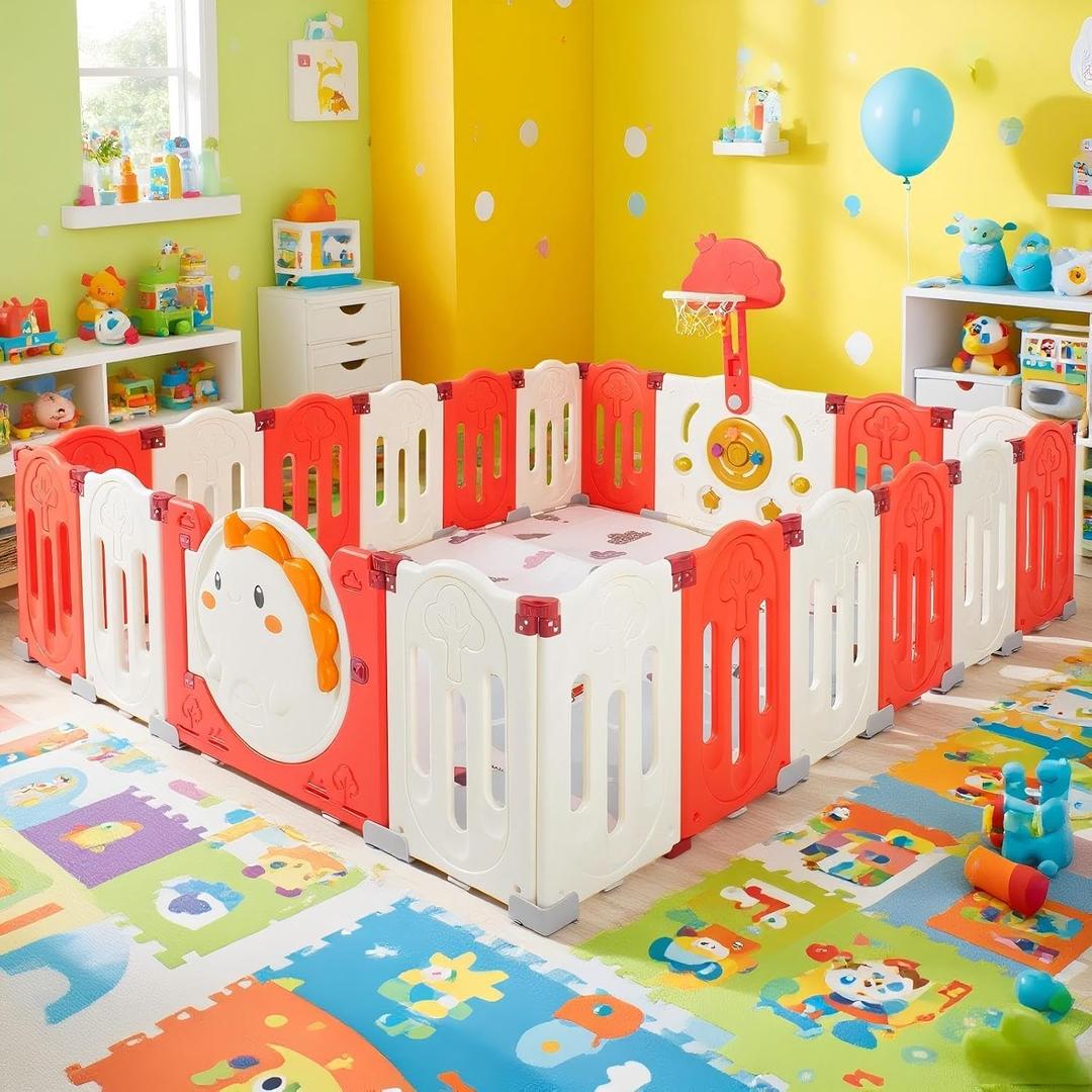 FAHKNS Baby Playpen 18 Panel, Foldable Seamlessly Adjustable Playyard with Mat, Equipped with External Door Lock for Indoor Or Outdoor Safety