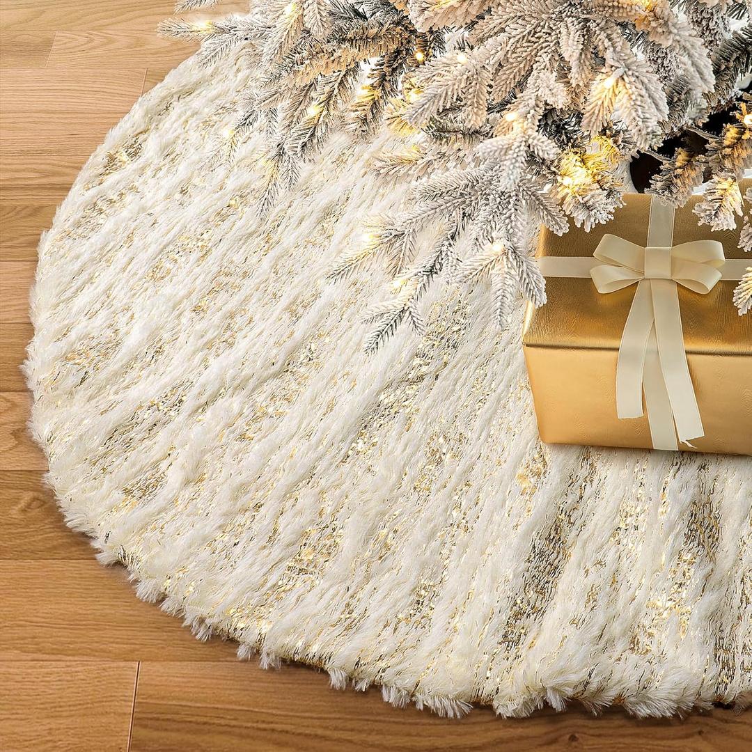 S-DEAL Golden Christmas Tree Skirt, 32 Inches Faux Fur Plush Tree Skirt for Holiday Home Decor Xmas (Yellow)