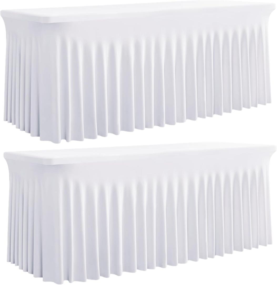 Outpain White Spandex Table Clothes for 8 Foot Rectangle Tables-2Pack 8FT Spandex Fitted Table Cover, Wrinkle Free Tablecloths with Skirt for Parties, Wedding, Birthday, Banquet, Festival