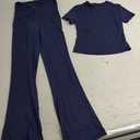 PUMIEY Women's 2 Piece Lounge Sets Short Sleeve Tops Fold-Over Flare Pants Casual Outfits Matching Set Nap Collection XS