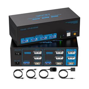 8K@60Hz HDMI Displayport KVM Switch 3 Monitors 2 Computers 4K@120Hz Triple Monitor KVM Switches for 2 PC Share 4 USB 3.0 Ports Support Extended & Copy Mode Desktop Controller 12V Adapter Included
