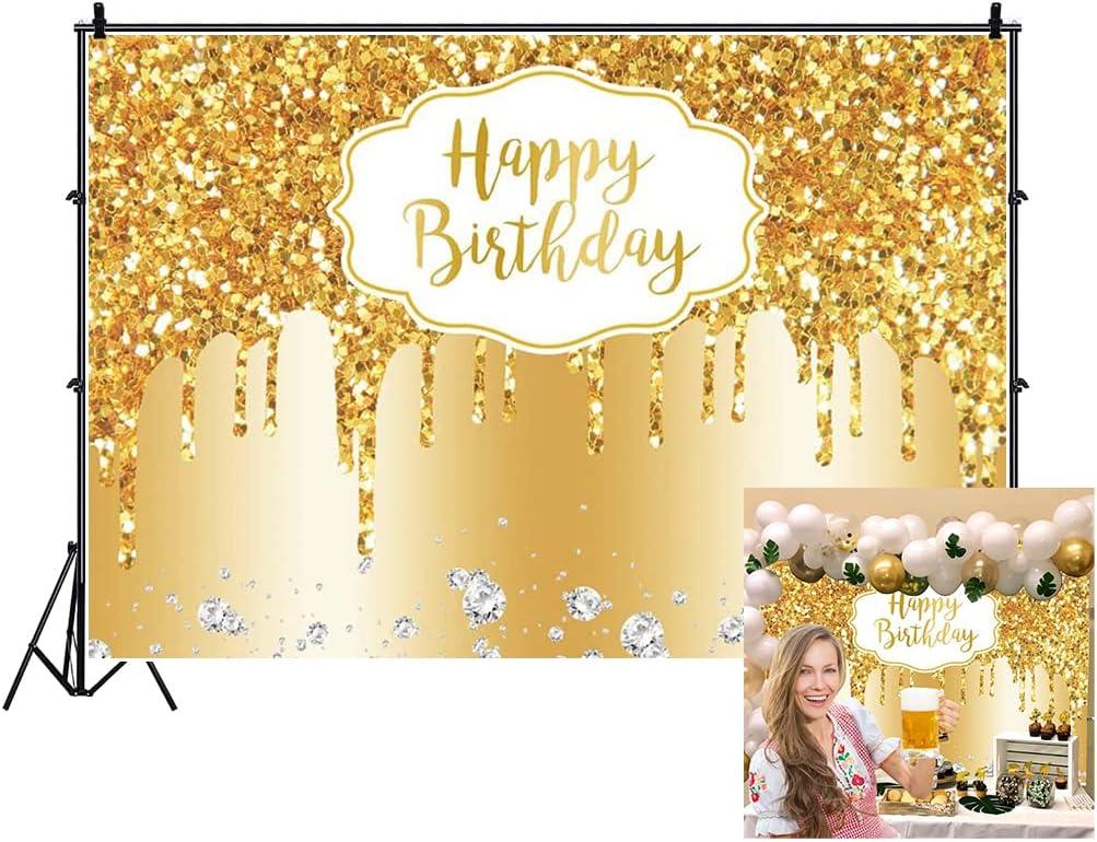 Baocicco 7x5ft Gold Happy Birthday Backdrop Modern Luxury Glitter Diamond Photography Background for Women Girls Sweet Princess Birthday Party Bridal Shower Decor Banner Supplies Photo Booth Props