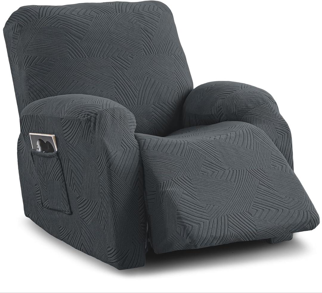 Recliner Chair Covers,4-Piece Stretch Geometric Strokes Jacquard Reclining Chair Slipcovers,Furniture Protector with Side Pocket,Soft Breathable Couch Cover Pet-Friendly,1 Seater Dark Gray