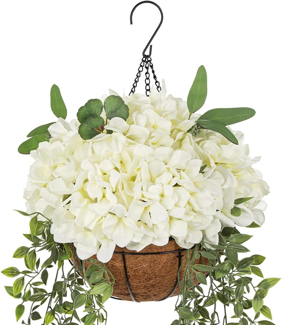 Hollyone 13" Fake Hanging Plants Flowers White Hydrangea Artificial Flowers Arrangements Large in Hanging Basket UV Resistant Silk Flower Plant Faux Hydrangea Flower with Pot Outdoor Indoor Decor