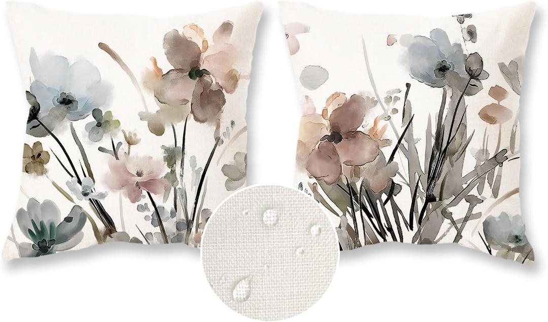 TAJWE Flower Throw Pillow Covers 20x20 Inch Set of 2 Waterproof Watercolor Floral Pillowcases Modern Decorative Cushion Cases for Sofa Couch Porch Home Decor