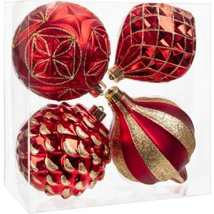 Hollyone 4.7 Inch Large Red and Gold Christmas Ornaments 4Pcs Balls Ornaments Shatterproof Christmas Hanging Ornaments for Xmas Tree Decor with Hook Wedding Party Wreath Home Decor (Red & Gold, 120mm)