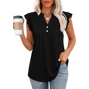OFEEFAN Summer Tops for Women Button Down Blouses for Women Dressy Casual V Neck T Shirts Ruffle Sleeve (Black, M)