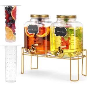 1.6 gallon Glass Beverage Dispenser with Stand, 2PACK Lemonade Dispenser with Spigot Stainless Steel, Drink Dispensers for Parties,Picnic,Weddings(Golden)