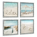 Ocean Framed Wood Wall Art: Beach Picture Seascape Artwork Coastal Prints Starfish Boardwalk Art Collection Wall Decor Set of 4 for Bathroom
