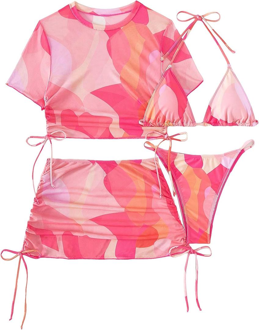 SHENHE Women's 4 Pieces Thong Swimsuits Halter Triangle Bikini Set with Cover Up Top and Skirt (Large, Pink)