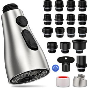 Kitchen Faucet Head Replacement 3 Modes with 17 Adapters, Pull Down Spray Head for Kitchen Faucet, Kitchen Sink Faucet Head G 1/2, Sprayer Head Replacement, Compatible with MoenDelta, Kohler Faucets (Brushed Nickel with 17 Adapters)