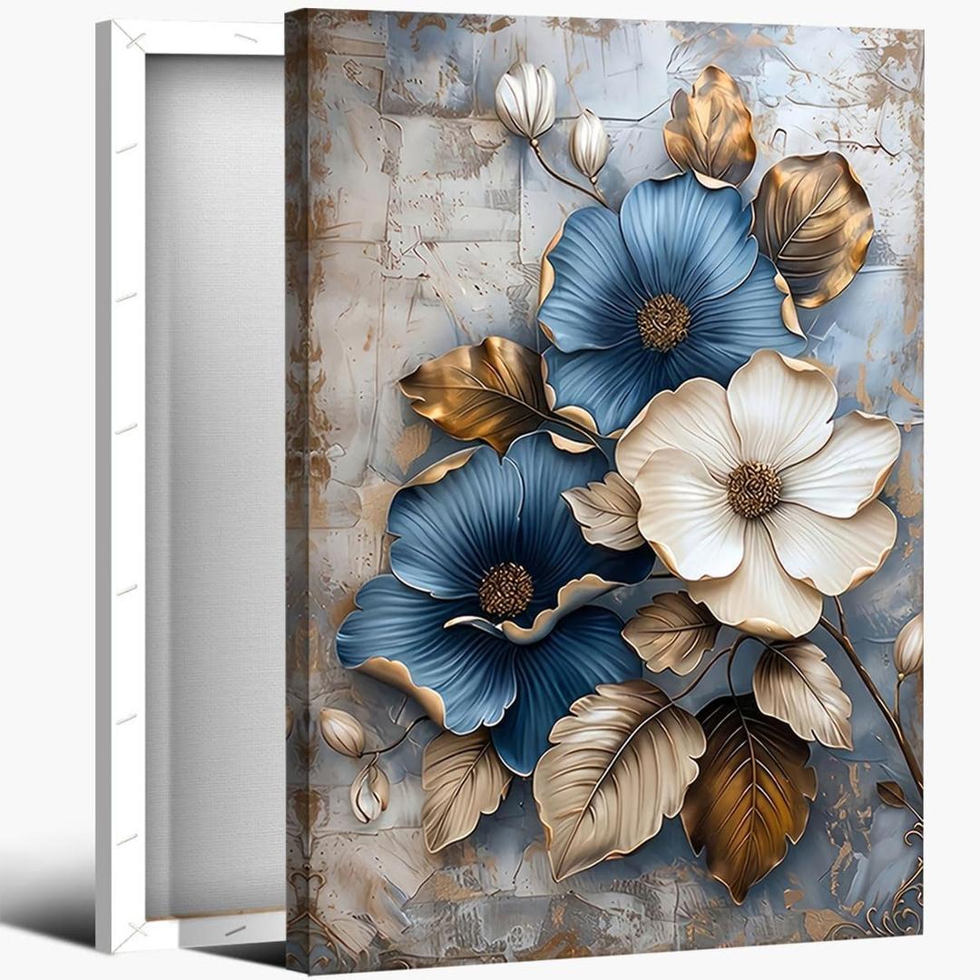Modern Floral Canvas Wall Art Blue and White Flower Market Wall Decor Pictures Abstract Background Golden leaf Poster Prints for Living Room Bedroom Office Home Decoration 24x36in Ready to Hang