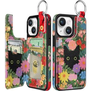 for iPhone 15 Wallet Case with Card Holder, Cute Designer Floral Cat Pattern Kickstand Magnetic Clasp Back Flip Folio Leather Cases for iPhone 15 Phone for Girls Women Men Boys Teens