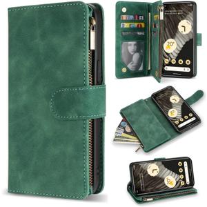 ZZXX for Google Pixel 7 Pro Case Wallet with RFID Blocking Card Slot Premium PU Leather Zipper Flip Folio Wallet with Wrist Strap Kickstand Protective for Google 7 Pro(Green 6.7 Inch)