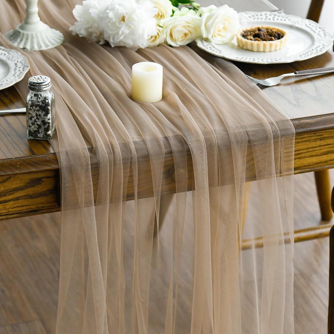 Artoid Mode Coffee Gauze Table Runner 120 Inch 10FT, Seasonal Sheer Kitchen Dining Holiday Wedding Birthday Baby Shower Table Decor for Home Party (59" x 120")